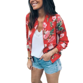 

Autumn Summer Long Sleeve Slim Basic Short Baseball Jackets Print Jacket Women Flowers Zipper Up Retro Coat