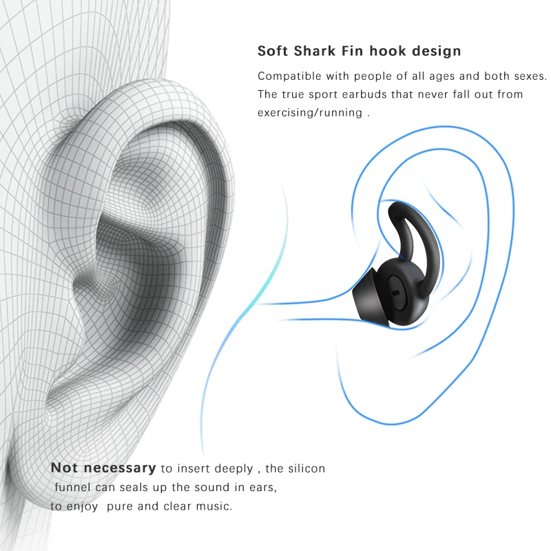 NIA Bluetooth Earphone Sport Earbuds Anti-lost Shark Fin High Quality Deep Bass Hi-Fi earphone Long Playing Time Charging Box