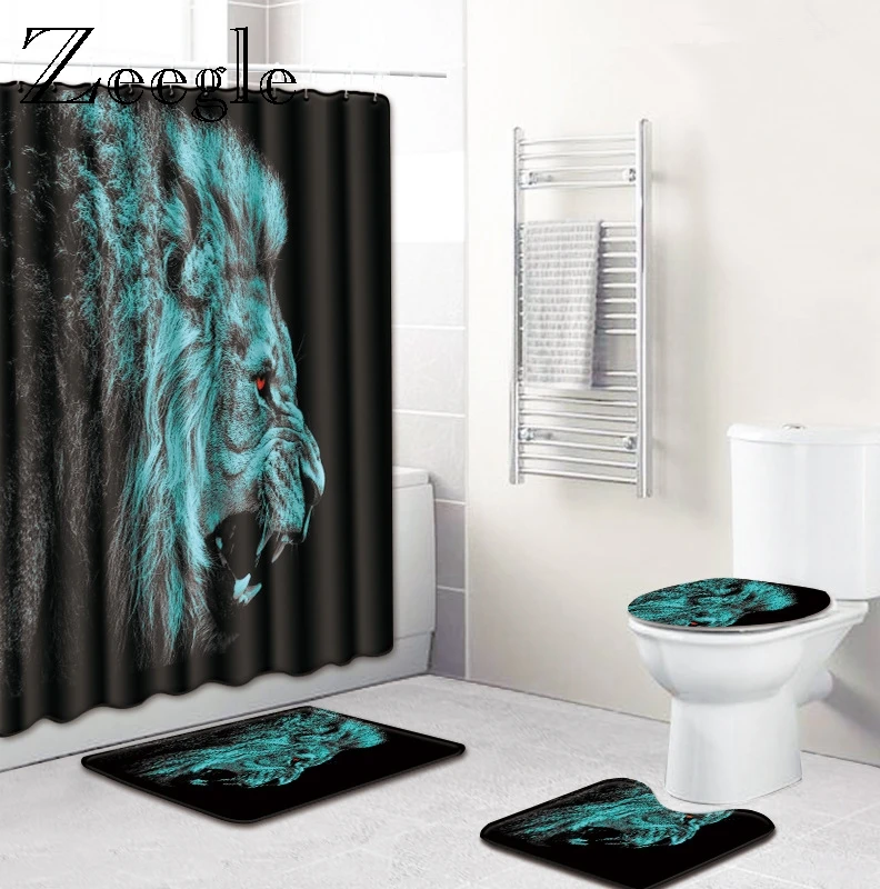 Zeegle Printed Lion 4Pcs Bathroom Rug Set Toilet U Type Mat Pedestal Rug Lid Toilet Cover Waterproof Shower Curtain Bath Mat