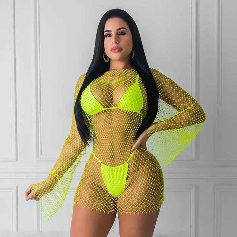 Skup Neon kolor Bling błyszczące dżetów Mesh Hollow Out sukienka Sexy z długim rękawem kabaretki Bodycon kobiety lato Party Clubwear sukienki