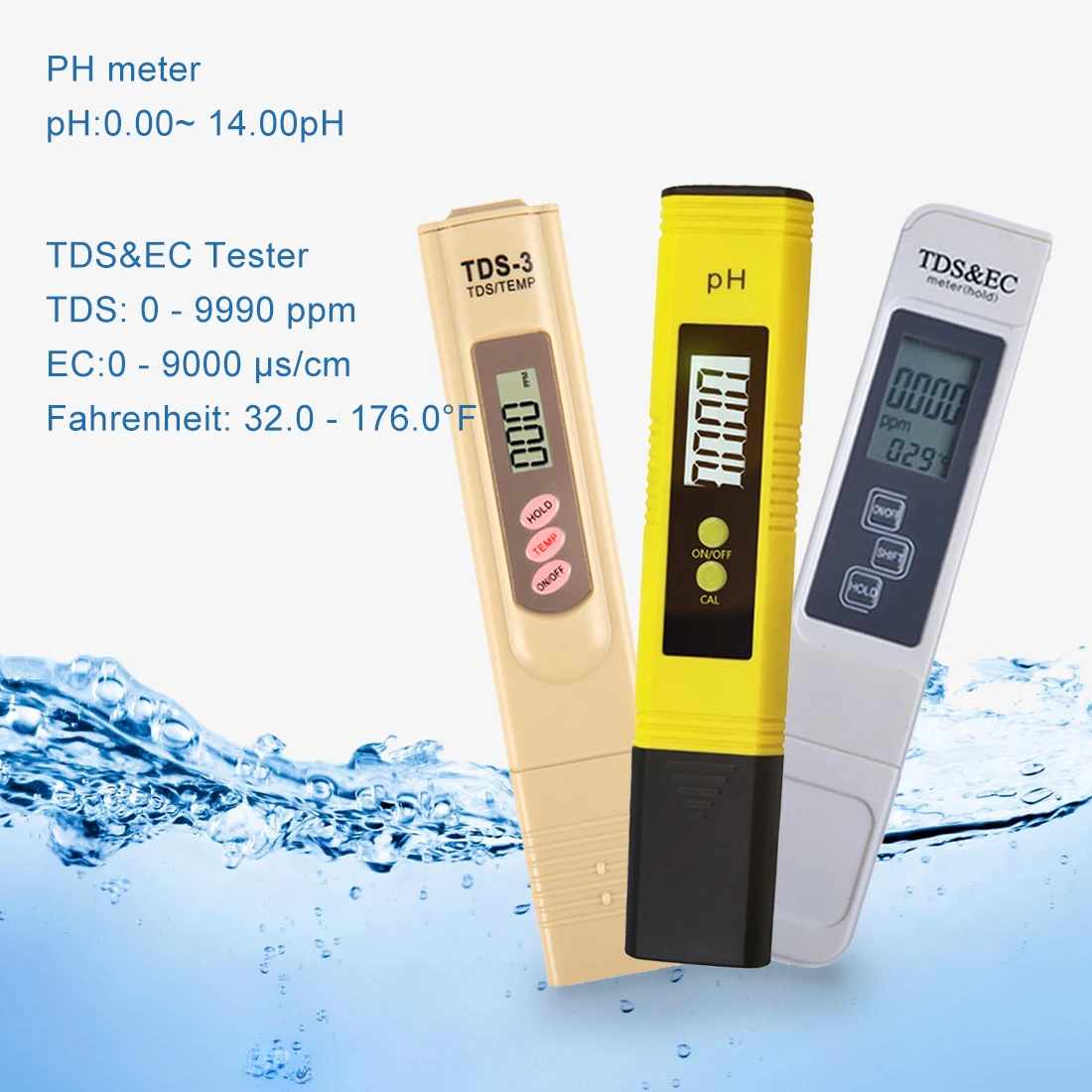 

2pcs PH Tester+TDS& EC Meter/TDS-3 Meter/ PH Paper Tester Meter Water Quality Monitor Tester for Pool Drinking Water LCD Display