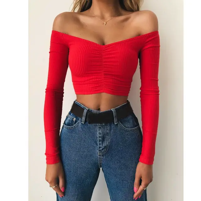 Womens Outfit Top 3 Colors Women Sexy Off Shoulder Long Sleeve Shirt  Cropped Tops Party Club Short Slim T Shirt - T-shirts - AliExpress