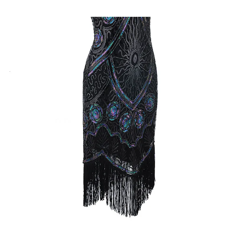 Femme 1920s Great Gatsby Flapper Sequin Fringe Embroidery Midi Dress Summer Art Deco Retro Black Dress Women Party Dress Robe  (1)
