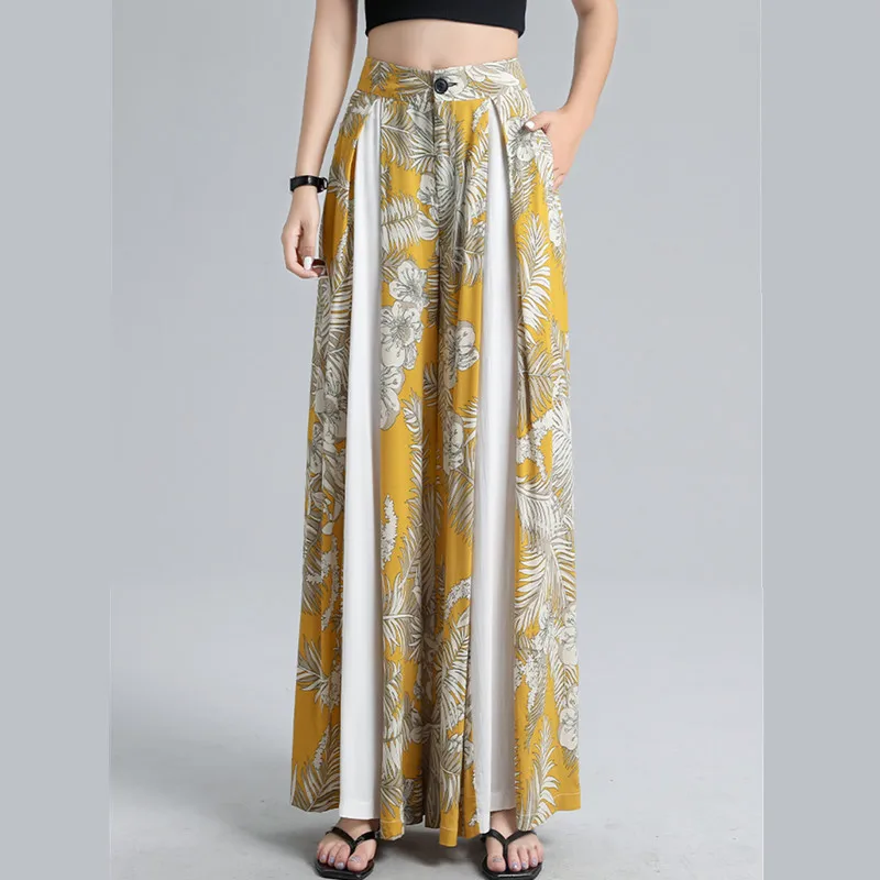 

Plus size pants 2020 summer casual retro printed bohemian wide-leg pants elasticated waist split irregular wide-leg pants