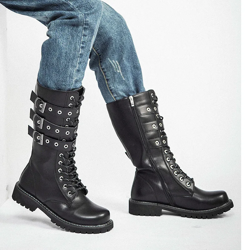 

Shoes Men Buckle Lace Up High Combat Boots Spring Fashion 2018 Mens Shoes British Metal Military Motorcycle Boots H57