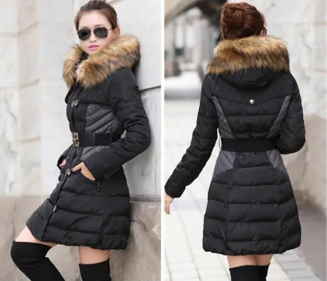 

Fall 2019 Fashion winter parka women big fur collar patchwork coat long outcoat female Black jacket Yellow Overcoat Hooded