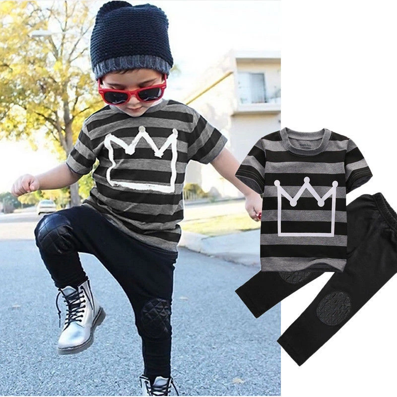 Objetivo danés Automatización Conjunto de ropa para niños de 2 a 7 años, Camiseta con estampado de corona para  niños, Tops, pantalones largos grises, conjunto de ropa para niños|set de  ropa| - AliExpress