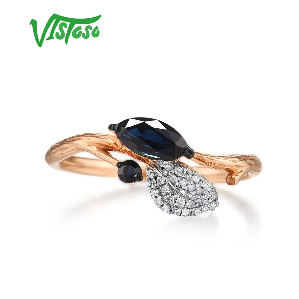 US $208.94 VISTOSO Gold Rings For Women Genuine 14K 585 Rose Gold Ring Sparkling Diamond Blue Sapphire Luxury Trendy Chic Fine Jewelry