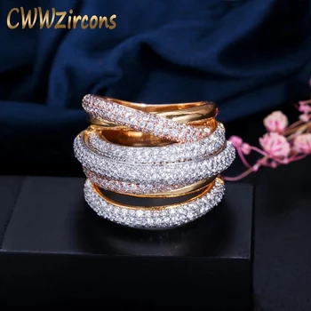 

CWWZircons Luxury Designer 3 Tones Gold Geometry Cubic Zironium Big Wedding Engagement Bridal Finger Ring Jewelry Addiction R059