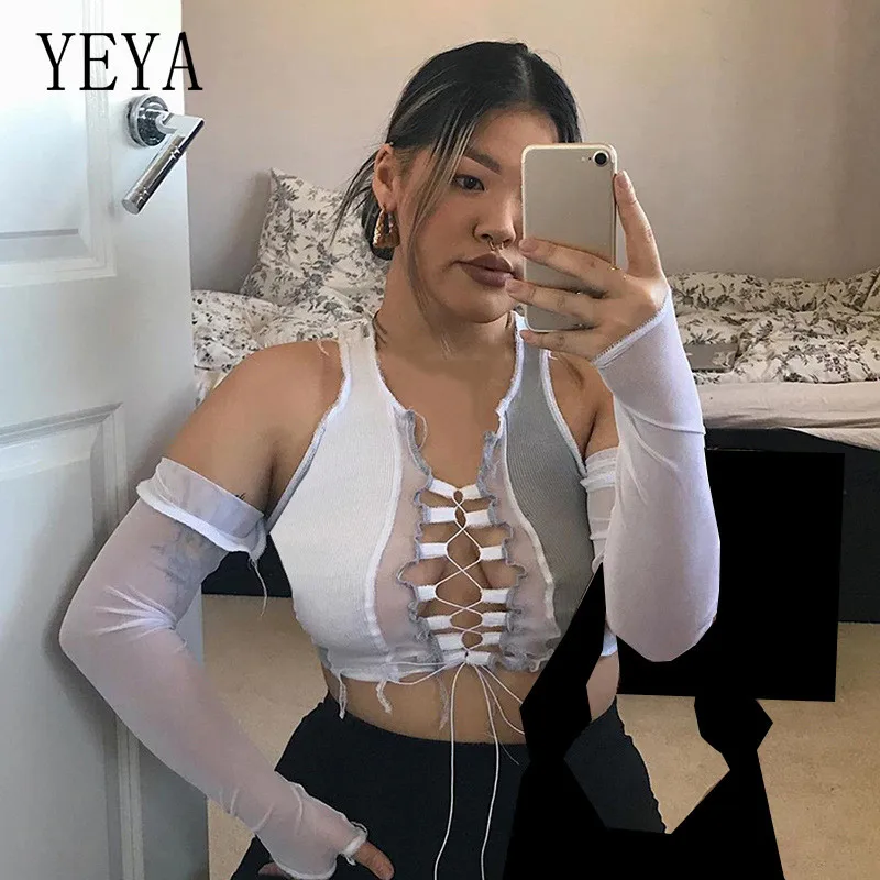 

YEYA Sexy Mesh Patchwork Holes Cut-out Tassel Crop Top Summer Ribbed Knitted Tshirt Drawstring Bandage Casual Streetwear