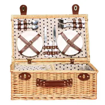 

Wicker picnic basket insulation package rattan outdoor picnic basket portable with cover wild camping supplies four people