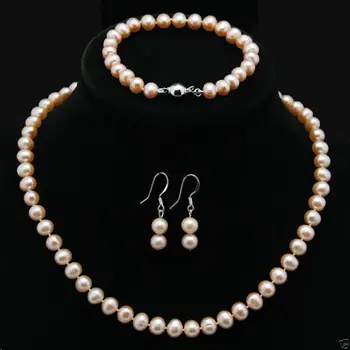 

Natural 7-8mm Pink Akoya Cultured Pearl Necklace Bracelet Earrings Jewelry Set