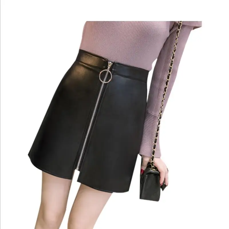 Весенняя летняя повседневная юбка из искусственной кожи, сексуальная разноцветная женская элегантная мини-юбка трапециевидной формы на молнии, Женская облегающая юбка с высокой талией - Цвет: Black
