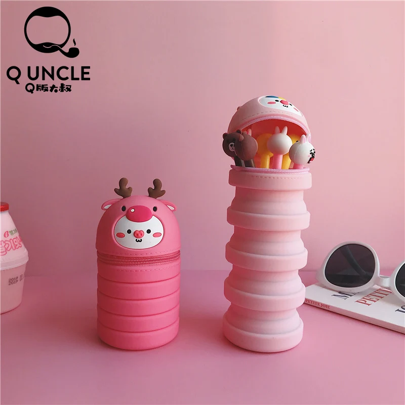 

Q UNCLE Simple Cute Pink Pig Pattern Silicone Stationery Holder Cartoon Multifunction Desktop Storage Office Supplies Pen Holder