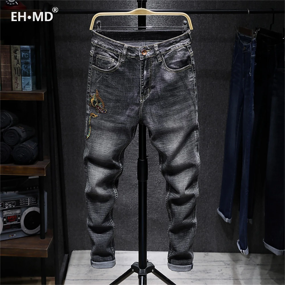

EH · MD®2020 Cyan Dragon Embroidered Jeans Men's Chinese Retro Small Straight Loose Fashion Large Size Gray Trousers Golden Silk