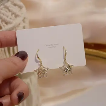 

Shiny Side New Accessories Crystal Star Dangle Earrings for Women Fashion Jewelry Cute Small Pierced Flower Drop Earrings