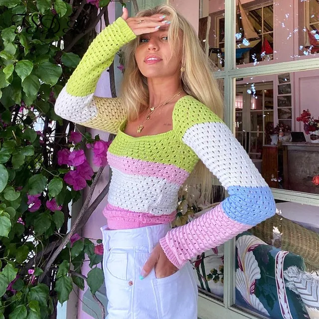 FSDA Knitted Long Sleeve Crop Top Women Beach Autumn Summer Patchwork Vintage Green Casual T Shirts Sexy Fashion Watermelon red