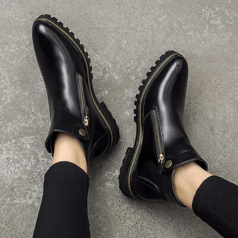 

Ботильоны мужские из натуральной кожи, повседневные ковбойские ботинки на платформе, теплые меховые, в британском стиле, зимняя обувь, черные