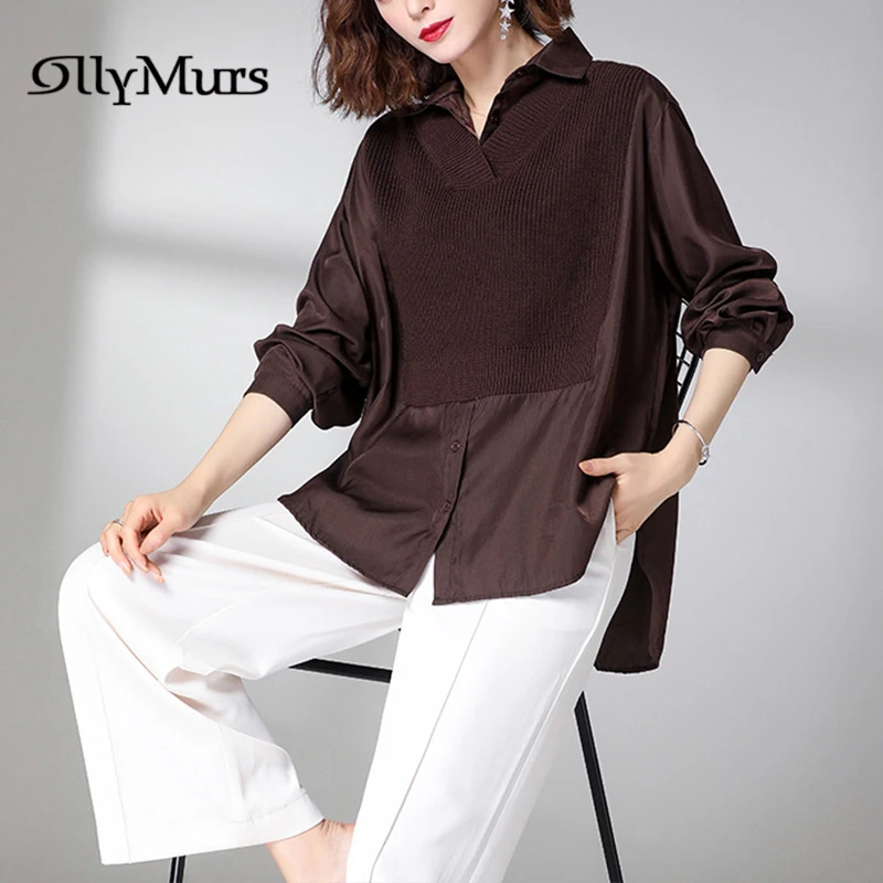 

Women Office Wear Sweaters Pullovers KM057 Fashion Fake Two Piece Knitted Tops Spring Autumn Loose Brown Irregular Pullover