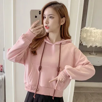 

Autumn & Winter New Arrival Korean Plus Velvet Sweatshirt Thick Loose Embroidered Hooded Long Sleeve Sweatshirt Free Shipping