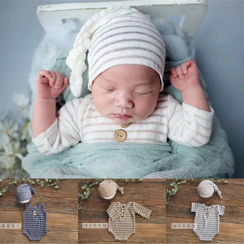 Dvotinst Newborn Baby Boys Photography Props Cute Strip Bodysuit Bonnet Outfits 2pcs Infant Fotografia Studio Shoots Photo Props newborn photography props wrap hat set knitted high strechable fabric photoshoot accessories bebe shooting cute bonnet blanket