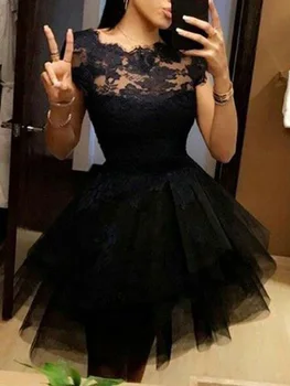 

Black Floral Patchwork Lace Party Dress Pleated Mesh Evening Ball Gown Women Summer Short Robe Homecoming Prom Vestidos