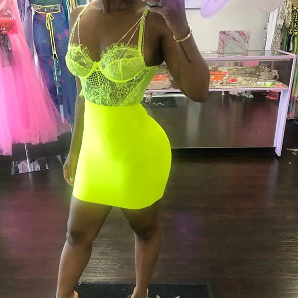 Lace Bodysuit For Womens Sexy Spaghetti Strap Sleeveless Bodysuits 2019 OMSJ Summer Neon Green Ladies Bodycon Clubwear Bodysuits leather bodysuit