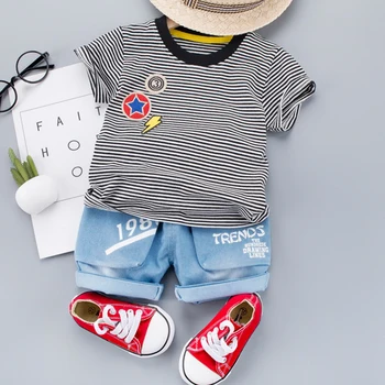 

Summer Striped T-Shirt Children Boys Clothes Denim Shorts Suit for Kids Outfi For Toddler Baby Boy Clothing Set