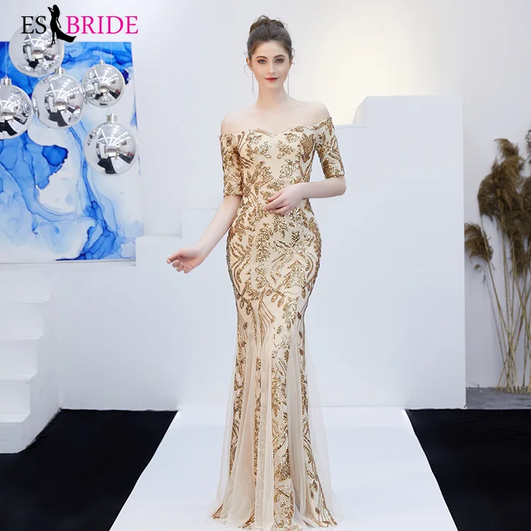 

Gold Sequins Evening Dress Long Boat Neck Off The Shoulder Elegant Mermaid Formal Evening Party Dress Woman ES2895
