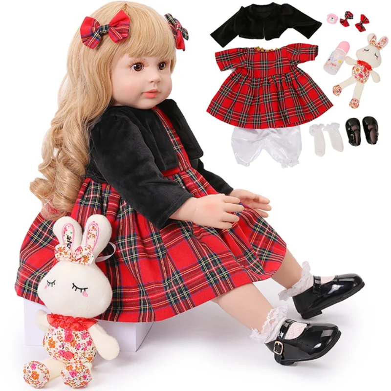 

60cm New Elegant Reborn Baby Dolls Soft Vinyl Red Cloth Silicone Baby Princess With Long Gold Hair For Children Christmas Gifts