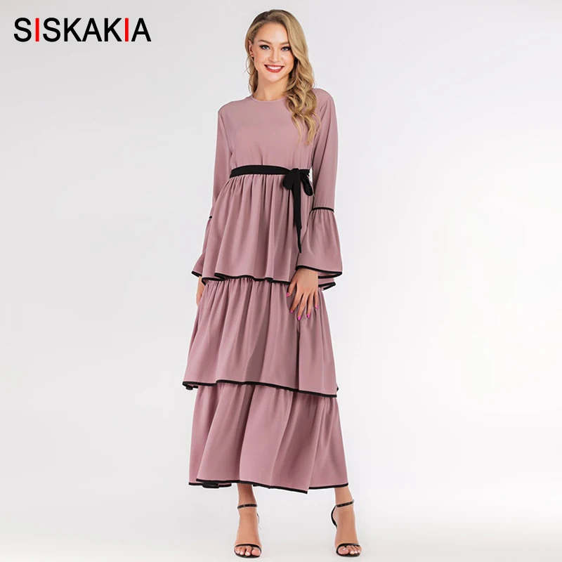 Siskakia элегантное Многоярусное платье полная длина многослойное с драпировкой и оборками лоскутное турецкое платье Модная мусульманская женская одежда Новинка