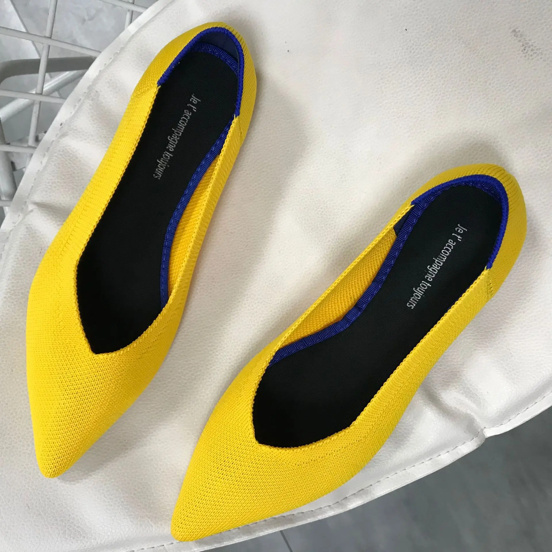 Удобные корейские беременных туфли с острым носком на плоской подошве Балетки Обувь Дамская туфли вязаные мокасины; повседневная обувь для вождения; мокасины; эспадрильи - Цвет: Цвет: желтый