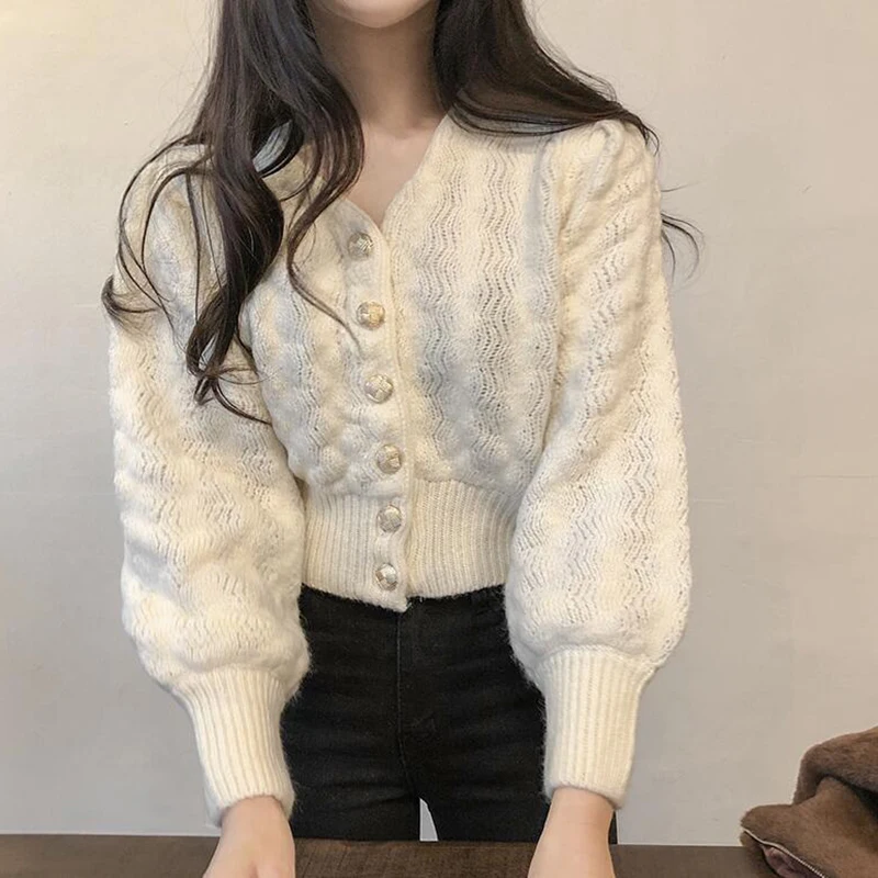 Harajuku Crop Cardigan Sweater Women Winter Jumper Solid Korean Elegant  Sweater Oversized Single Breasted Cardigan V-neck Black - Cardigan -  AliExpress
