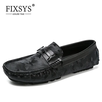 

FIXSYS High Quality Men Camo Loafers Genuine Leather Boat Shoes for Male Noble Slip-on Flat Moccasins Casual Buckle Driving Shoe