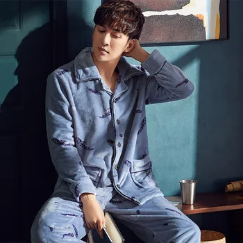 

Autumn Winter Pajamas Sets For Men Thick Warm Flannel Homewear Turn-Down Collar Sleepwear Loose Casual Pyjamas Set
