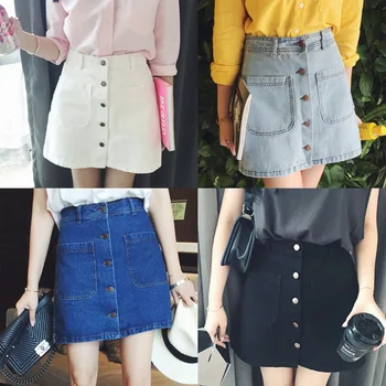 

Summer New Korean Version A-line Short Jean Skirt Women Single Button High Waist Denim Skirt with Pockets Saia Jeans