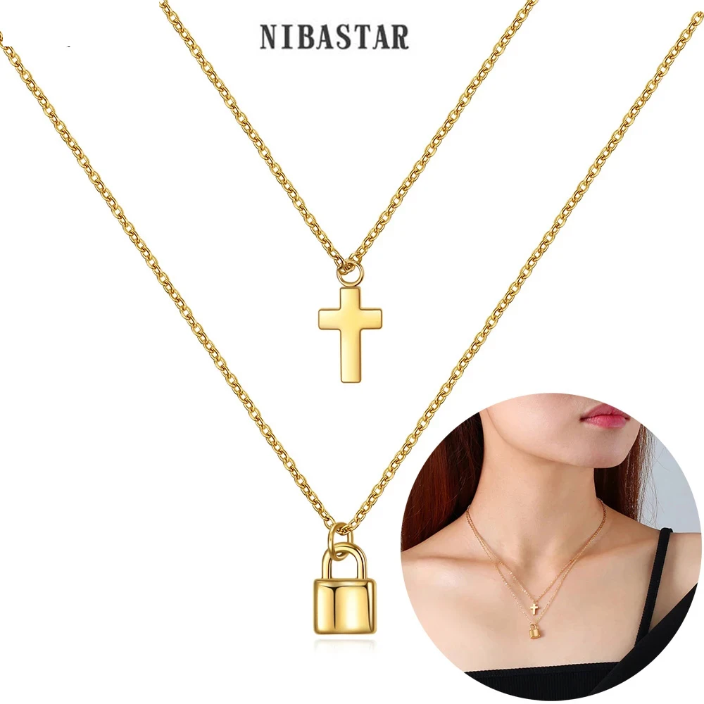

Unique Stainless Steel Double Chain Cross Lock Charm Pendants Choker Necklaces For Women Girls Jewelry