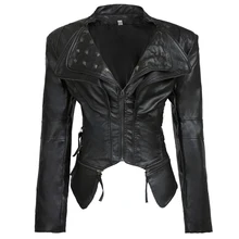

Casual Gothic Winter Chic Jackets Women PU Overcoats Slim Plain Rivet Zipper Autumn Outwear Cool Black Female Coats