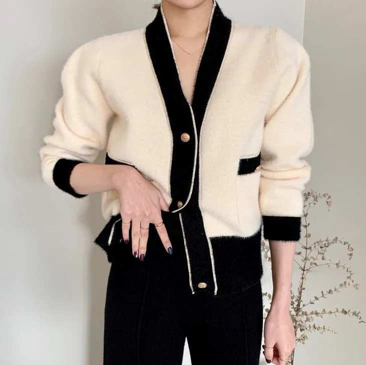 

2020 Winter New Sweater Cardigan Golden Velet Long Sleeve Mink Hair Thicken Chic Patchwork Single Breasted Casual Cardigan Coat