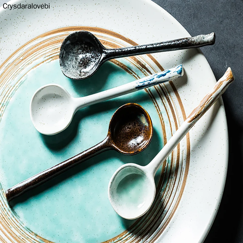 

5 шт. японская креативная керамическая ложка для супа с длинной ручкой для ресторана, домашняя ложка для еды, кофейная ложка, кухонные принадлежности