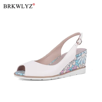 

weet Women Sandals Peep Toe Wedges High Floral Pattern Back Strap Slip-On Fashion Casual Shoes Sheepskin Pumps C644