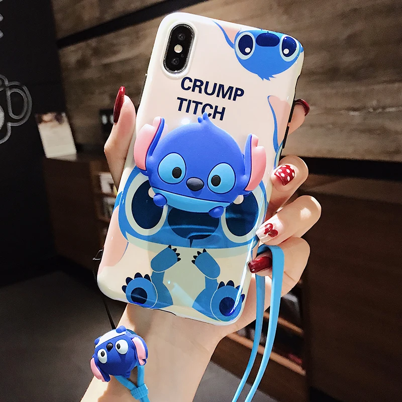 

3pcs for iphone XS max XR X Cute Stitch Soft phone Case For iphone 8plus 7plus 6SP 7 8 6 6S Cartoon Cover shell +stander + strap