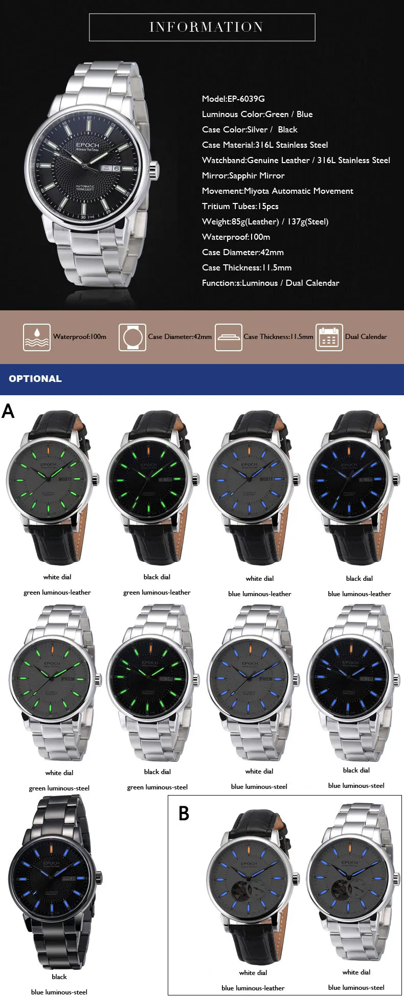 Тритий часы мужские, роскошные мужские автоматические часы EPOCH man платье T100 светящиеся водонепроницаемые механические наручные часы relogio 6039G-B