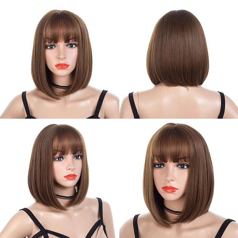 

Straight Black Brown Synthetic Wigs For Women Medium Part 10 Inch Hair Bob Wig Heat Resistant bobo Hairstyle Cosplay Wigs