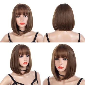 

Straight Black Brown Synthetic Wigs For Women Medium Part 10 Inch Hair Bob Wig Heat Resistant bobo Hairstyle Cosplay Wigs