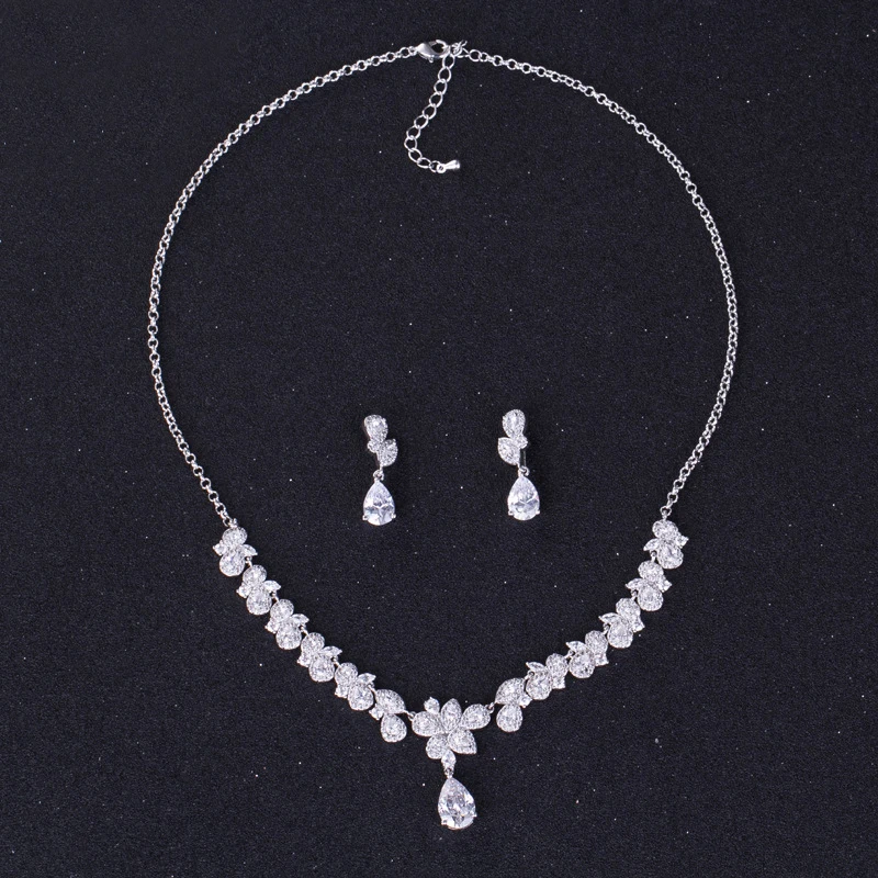 Clear Zirconia Small petal Flower AAA Cubic Zircon Wedding Jewelry Set Earrings Necklace Promotion Nickel Free Factory price | Украшения и