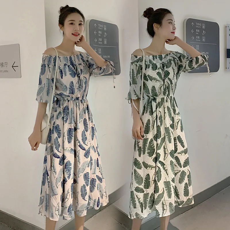 

Bohemian Scheming off-Shoulder Elastic Horizontal Neck Floral Printed Dress Women's Summer Half-sleeve Shirt Chiffon Holiday Bea