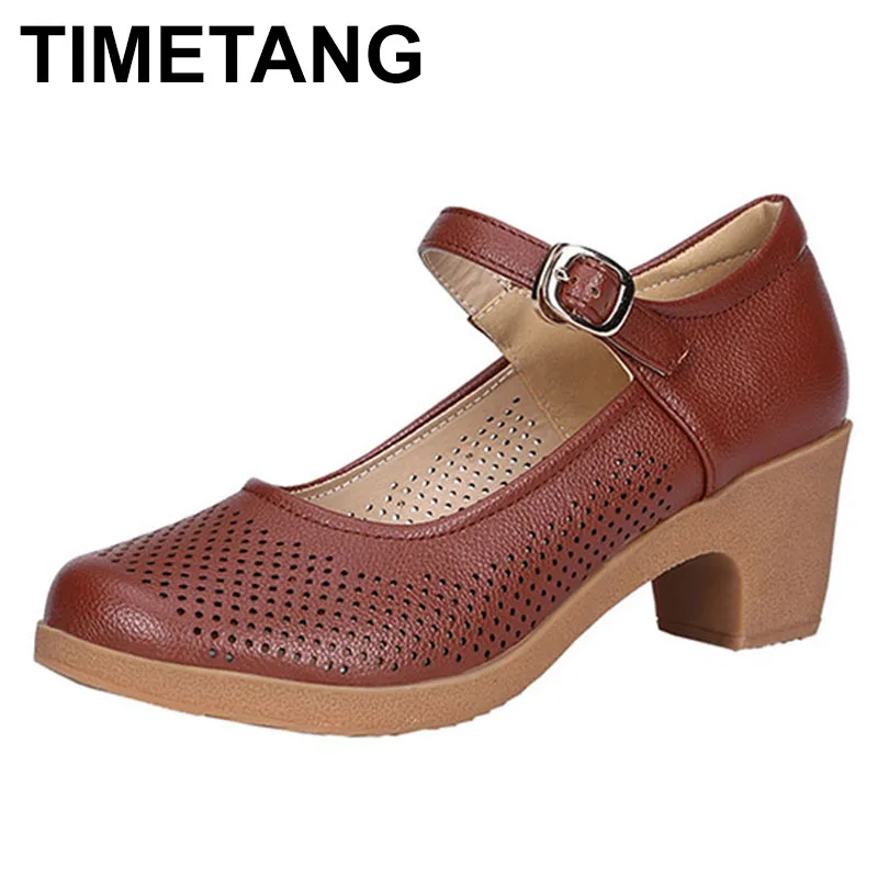 Square Heel Sandals Summer Shoes Dance TIMETANG Latin Buckle Openwork-Leather Red Breathable