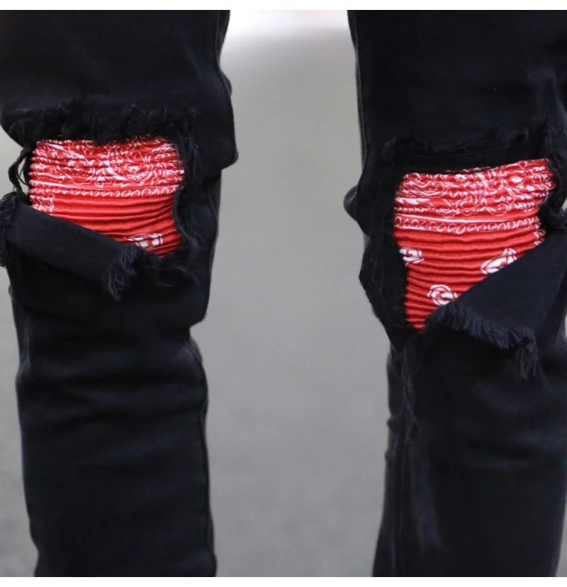 Bandana Patchwork Ripped Men's Jeans High Street Men Hip - AliExpress