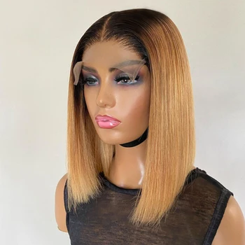 Short Ombre Honey Blonde Bob Wig With Baby Hair Honey Brown Straight Human Hair Wigs Lace Part 1b27 Brown Wigs For Black Women 1